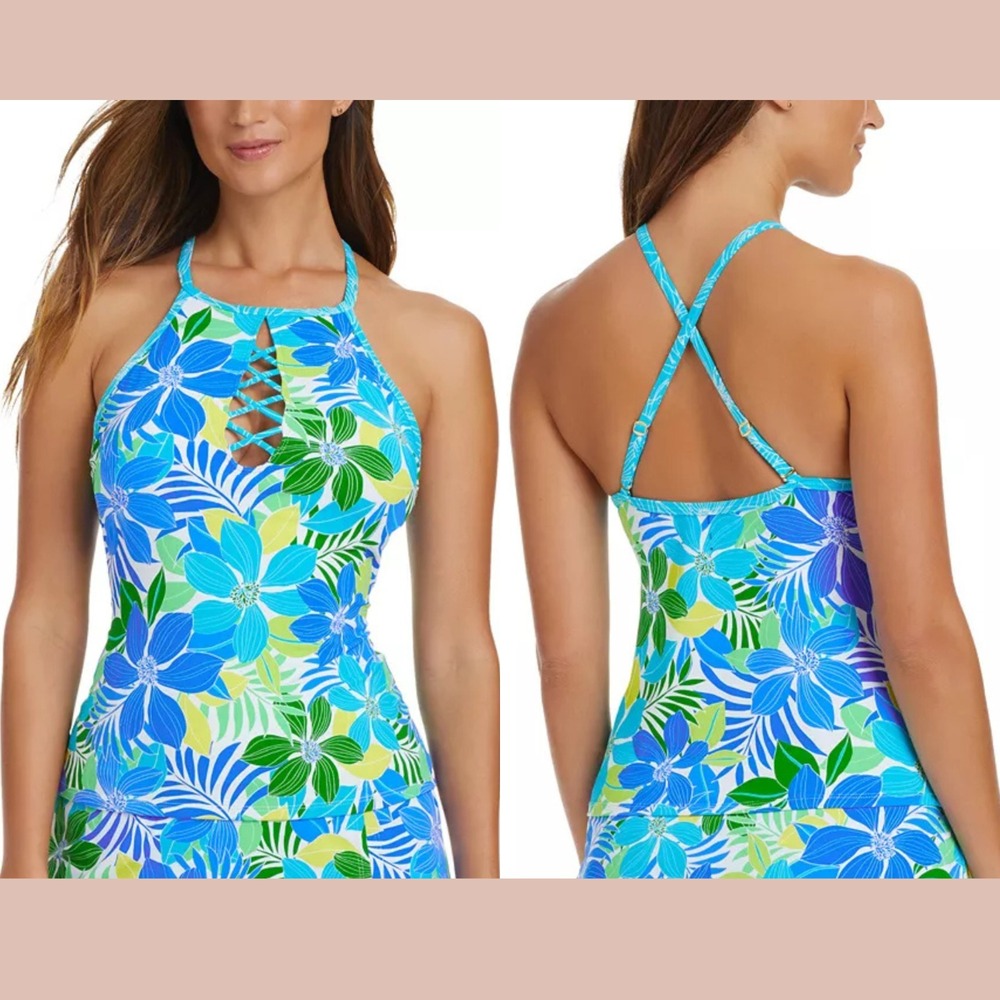NWT $91 Bleu‎ by Rod Beattie [ 6 ] Sea Quest Floral Cross-Strap Tankini Top 7141